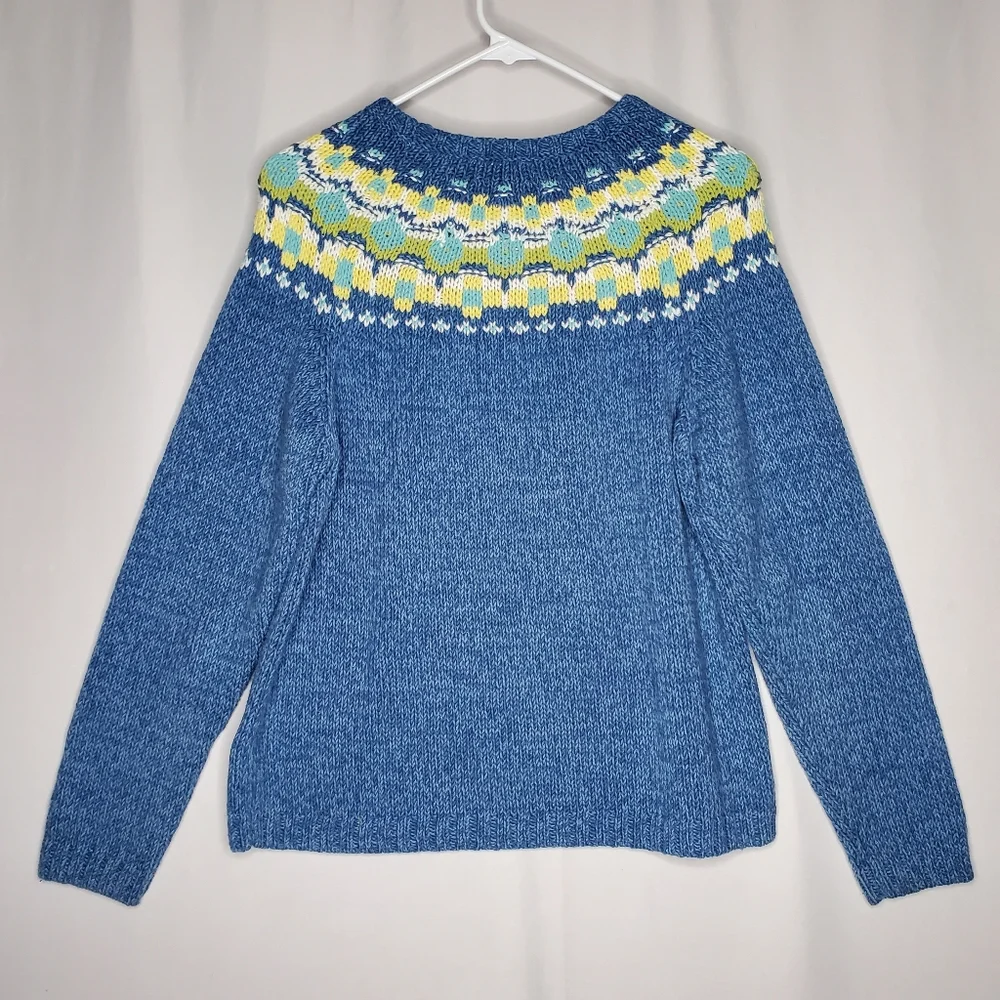 Liz Claiborne 80s Fair Isle Sweater Womens Medium Blue Floral Country Cottage